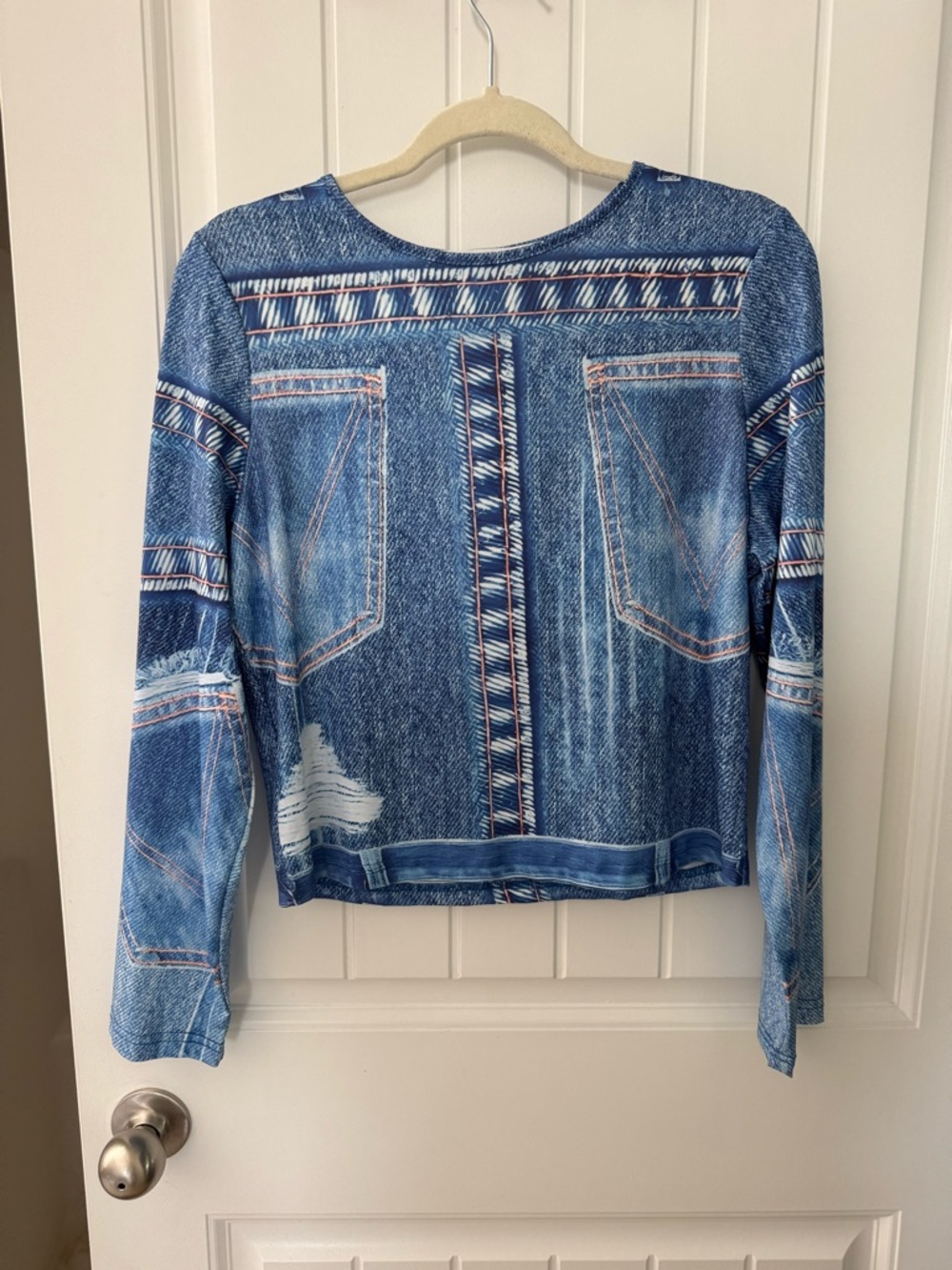 Blue Denim-Print Long Sleeve Top